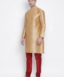 Vastramay Men's Gold Cotton Silk Blend Kurta And Pyjama Set