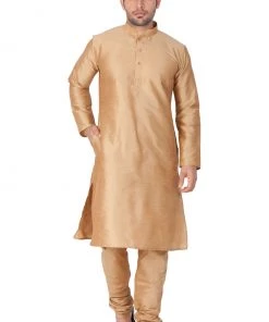 Vastramay Men's Gold Cotton Silk Blend Kurta