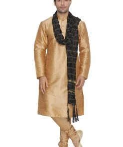 VASTRAMAY Men's Gold Cotton Silk Blend Kurta, Pyjama & Dupatta Set