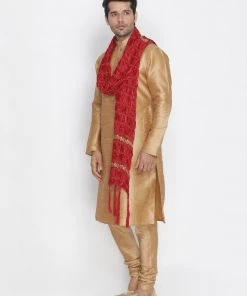 VASTRAMAY Men's Gold Cotton Silk Blend Kurta, Pyjama & Dupatta Set