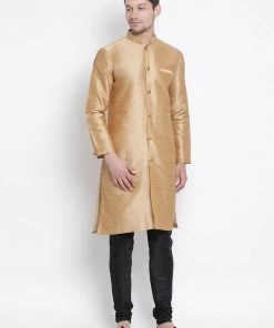 Vastramay Men's Gold Silk Blend Kurta And Pyjama Set