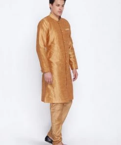 Vastramay Men's Rose Gold Silk Blend Sherwani Set