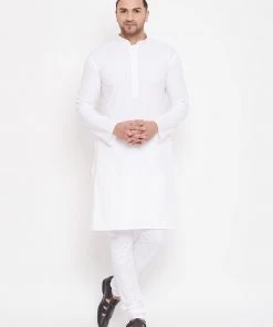 Kurta Sets VASTRAMAY Men's White Cotton Blend Kurta Pyjama Set With A Prayer Cap