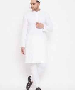 Kurta Sets VASTRAMAY Men's White Cotton Blend Kurta Pyjama Set With A Prayer Cap