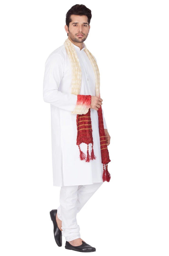 VASTRAMAY Men's White Cotton Kurta, Pyjama & Dupatta Set 4 VASTRAMAY Men's White Cotton Kurta, Pyjama & Dupatta Set