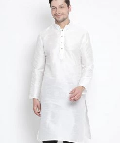 VASTRAMAY Men's White Cotton Silk Blend Kurta