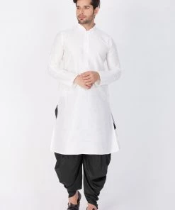 VASTRAMAY Men's White Cotton Silk Blend Kurta And Dhoti Pant Set