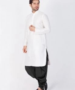 VASTRAMAY Men's White Cotton Silk Blend Kurta And Dhoti Pant Set