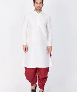 VASTRAMAY Men's White Cotton Silk Blend Kurta And Dhoti Pant Set