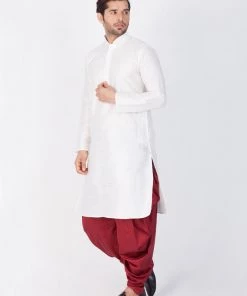 VASTRAMAY Men's White Cotton Silk Blend Kurta And Dhoti Pant Set