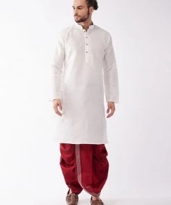 VASTRAMAY Men's White And Maroon Silk Blend Kurta And Dhoti Set