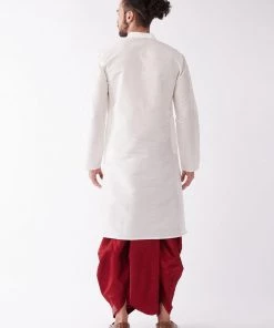 VASTRAMAY Men's White And Maroon Silk Blend Kurta And Dhoti Set