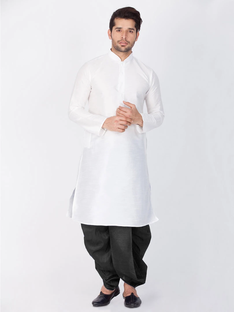 VASTRAMAY Men's White Cotton Silk Blend Kurta And Dhoti Pant Set 4 VASTRAMAY Men's White Cotton Silk Blend Kurta And Dhoti Pant Set