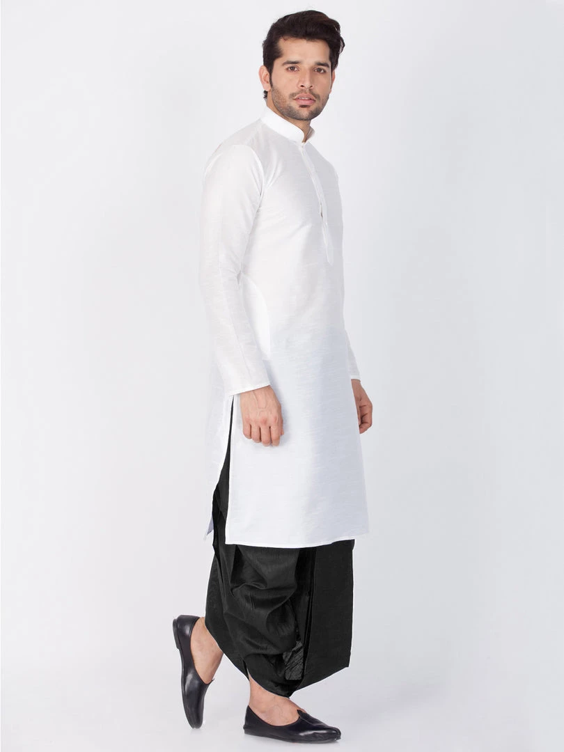 VASTRAMAY Men's White Cotton Silk Blend Kurta And Dhoti Pant Set 5 VASTRAMAY Men's White Cotton Silk Blend Kurta And Dhoti Pant Set