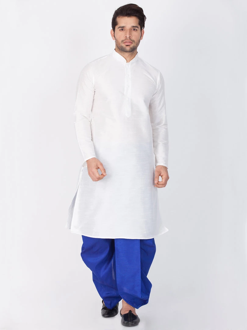 VASTRAMAY Men's White Cotton Silk Blend Kurta And Dhoti Pant Set 3 VASTRAMAY Men's White Cotton Silk Blend Kurta And Dhoti Pant Set