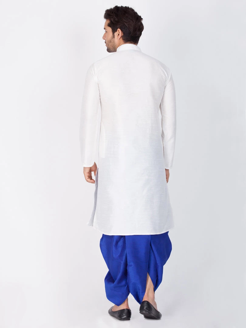 VASTRAMAY Men's White Cotton Silk Blend Kurta And Dhoti Pant Set 6 VASTRAMAY Men's White Cotton Silk Blend Kurta And Dhoti Pant Set