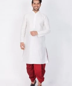 Vastramay Men's White Cotton Silk Blend Kurta And Dhoti Pant Set