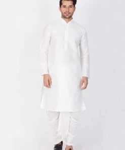 Vastramay Men's White Cotton Silk Blend Kurta And Dhoti Pant Set