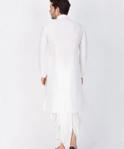 Vastramay Men's White Cotton Silk Blend Kurta And Dhoti Pant Set