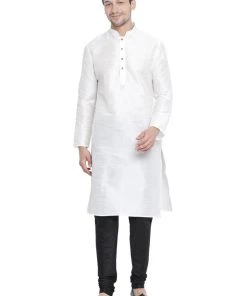 VASTRAMAY Men's White Cotton Silk Blend Kurta And Pyjama Set