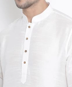 VASTRAMAY Men's White Cotton Silk Blend Kurta And Pyjama Set