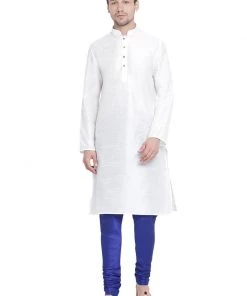 VASTRAMAY Men's White Cotton Silk Blend Kurta And Pyjama Set