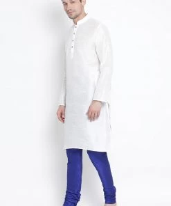 VASTRAMAY Men's White Cotton Silk Blend Kurta And Pyjama Set