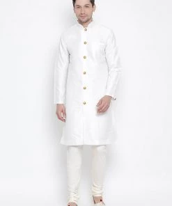 Vastramay Men's White Silk Blend Kurta And Pyjama Set