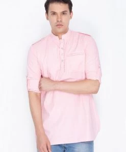 Vastramay Men's Pink Cotton Short Kurta