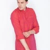 Vastramay Men's Red Linen Short Kurta