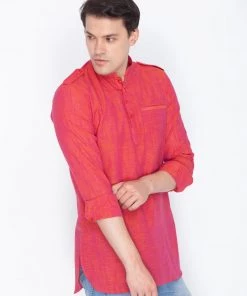 Vastramay Men's Red Linen Short Kurta