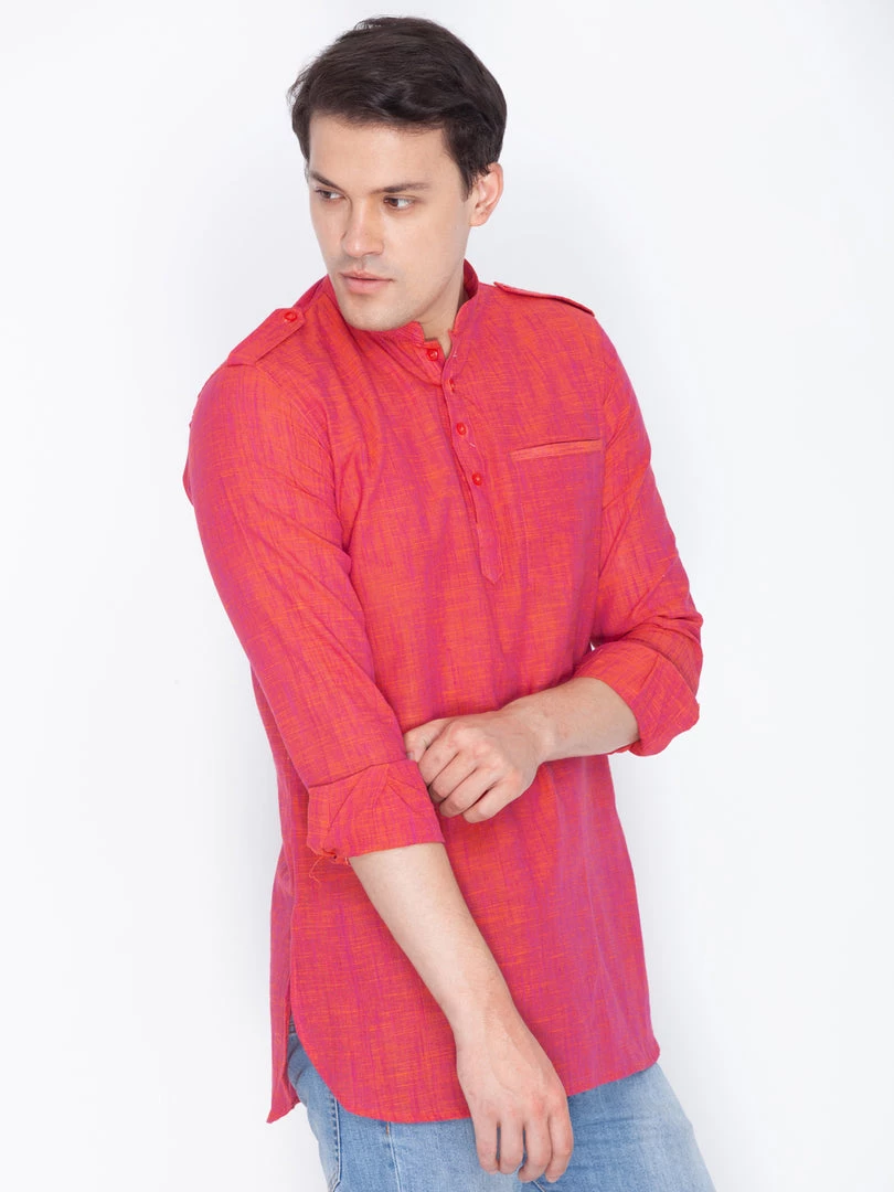Vastramay Men's Red Linen Short Kurta 3 Vastramay Men's Red Linen Short Kurta