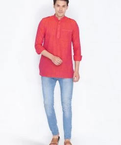 Vastramay Men's Red Linen Short Kurta 11 Vastramay Men's Red Linen Short Kurta