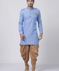 Vastramay Men's Blue Cotton Blend Kurta And Dhoti Pant Set
