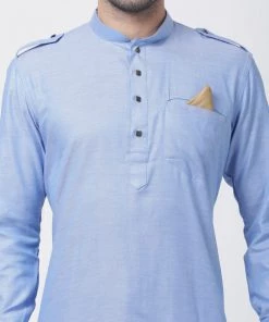 Vastramay Men's Blue Cotton Blend Kurta And Dhoti Pant Set