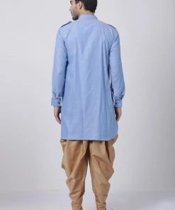 Vastramay Men's Blue Cotton Blend Kurta And Dhoti Pant Set