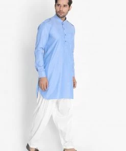 Vastramay Men's Blue Cotton Blend Kurta And Patiala Set Kurta Sets