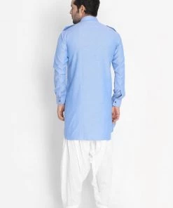 Vastramay Men's Blue Cotton Blend Kurta And Patiala Set Kurta Sets
