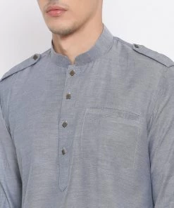 VASTRAMAY Men's Grey Cotton Blend Kurta