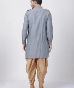 Vastramay Men's Grey Cotton Kurta And Dhoti Pant Set