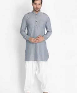 Vastramay Men's Grey Cotton Blend Kurta And Patiala Set