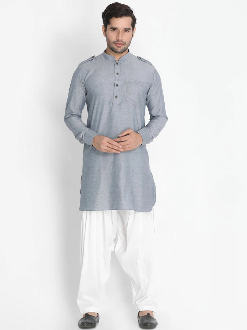 Vastramay Men's Grey Cotton Blend Kurta And Patiala Set 3 Vastramay Men's Grey Cotton Blend Kurta And Patiala Set