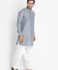 Vastramay Men's Grey Cotton Blend Kurta And Patiala Set