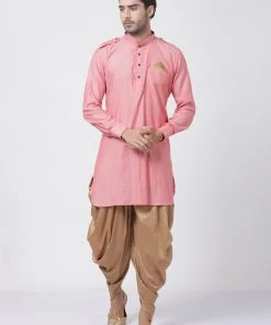 Vastramay Men's Red Cotton Kurta And Dhoti Pant Set