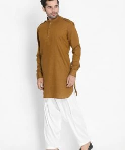 Vastramay Men's Brown Cotton Blend Kurta And Patiala Set Kurta Sets
