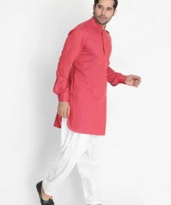 Vastramay Men's Maroon Cotton Blend Kurta And Patiala Set Kurta Sets