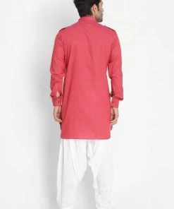 Vastramay Men's Maroon Cotton Blend Kurta And Patiala Set Kurta Sets