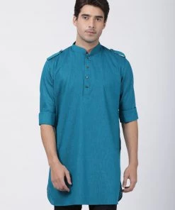 VASTRAMAY Men's Turquoise Cotton Kurta