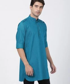 VASTRAMAY Men's Turquoise Cotton Kurta