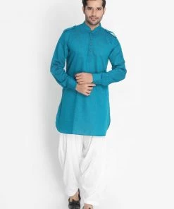 Vastramay Men's Dark Green Cotton Blend Kurta And Patiala Set Kurta Sets